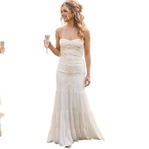 Sky Off-White Strapless Maxi Dress Crochet Lace Boho Bridal Beach | Size XS